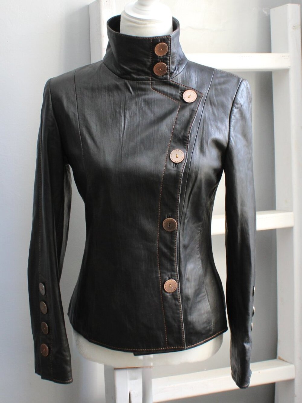 Woger Vintage Y2K Leather Black Asymmetrical Button Jacket Women's Size Medium